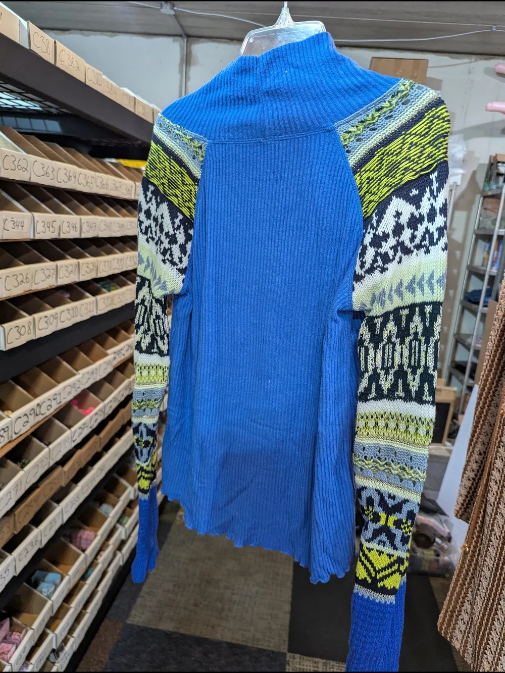 Free People Blue Cowl Neck Sweater with Patterned Sleeves | XS